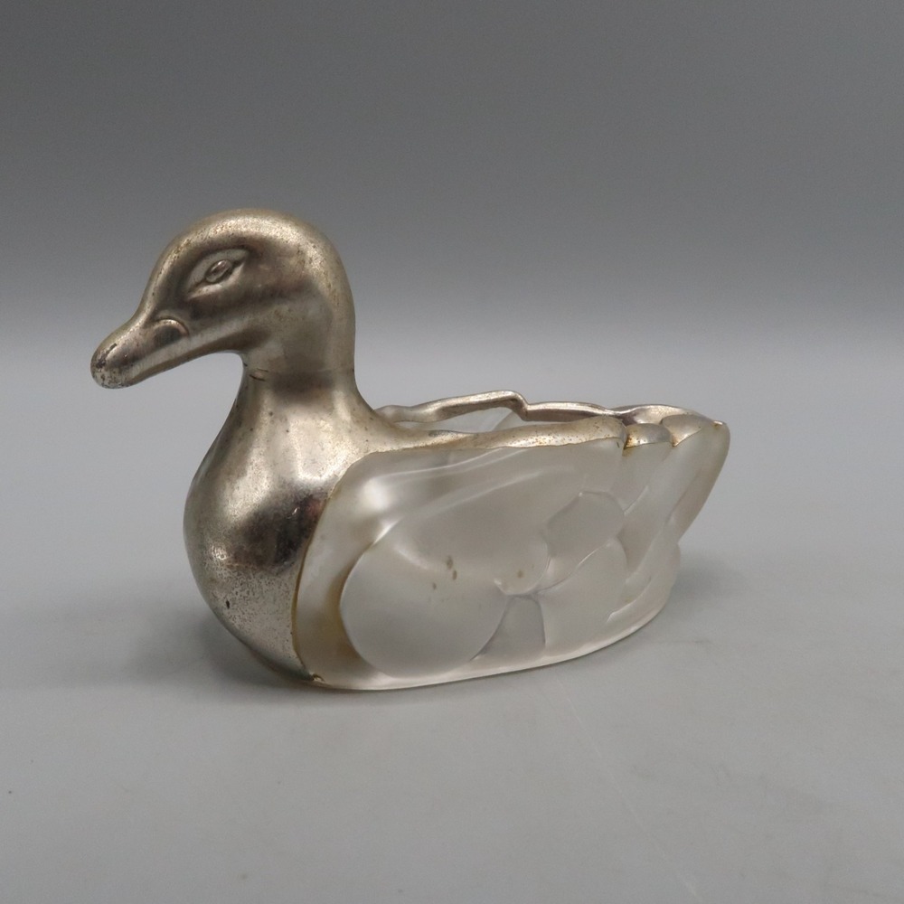 Vintage‎ Glass Metal Duck Dish Ashtray 4 inch long Figurine